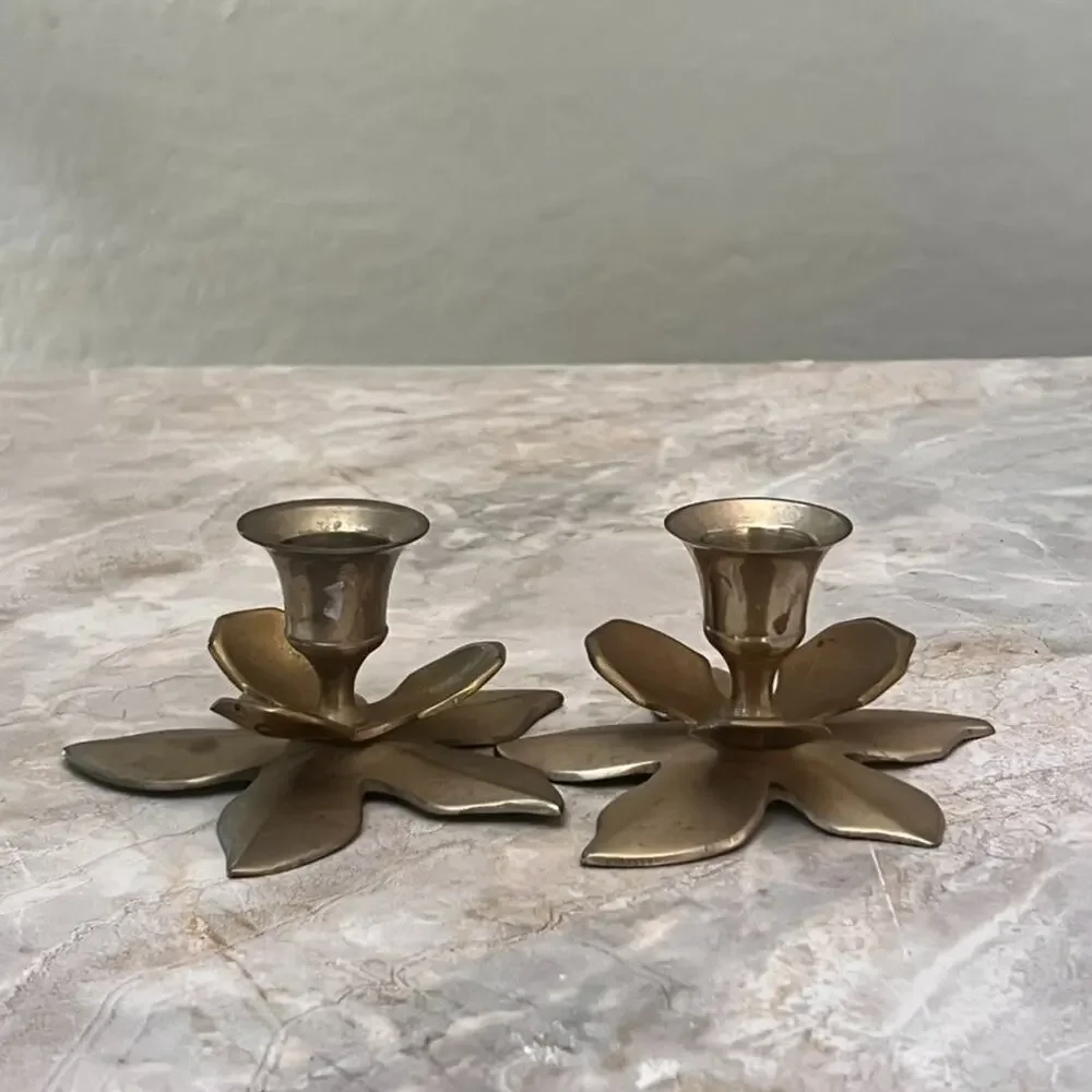 Pair of Vintage Lotus Flower Candlestick Holders Mid Century Modern Decor